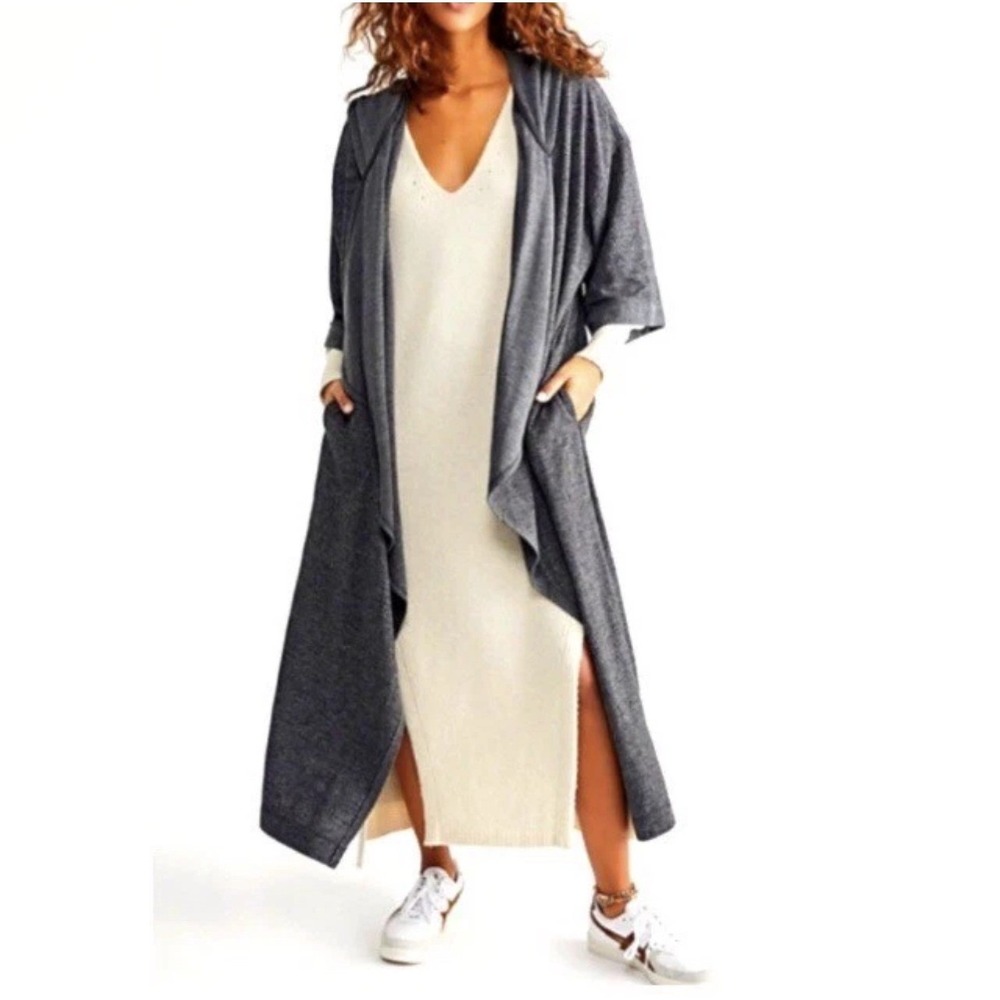 FP Beach Charcoal Jetset Hooded Duster Cardi Cardigan Draped Open Front M/L - CJ